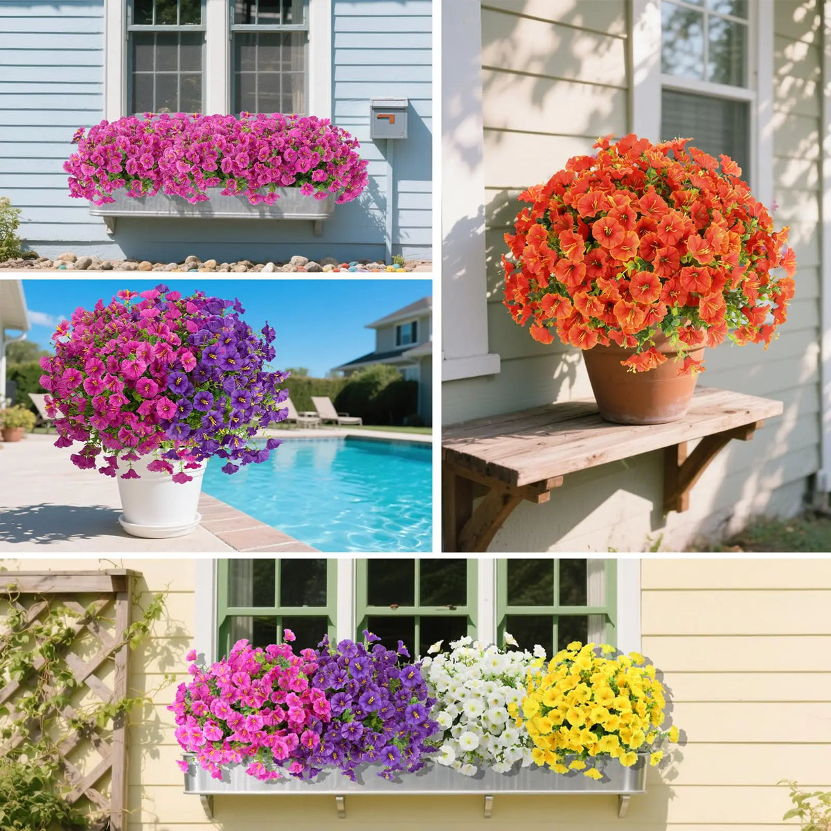 A collection of vibrant artificial silk flowers in shades of pink, purple, orange, and yellow displayed in various outdoor pl