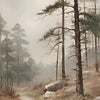 A misty forest scene with tall pine trees and a dirt path winding through the fog.