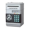 A silver automatic mini cash saving piggy bank with a digital display and numbered slots for currency.