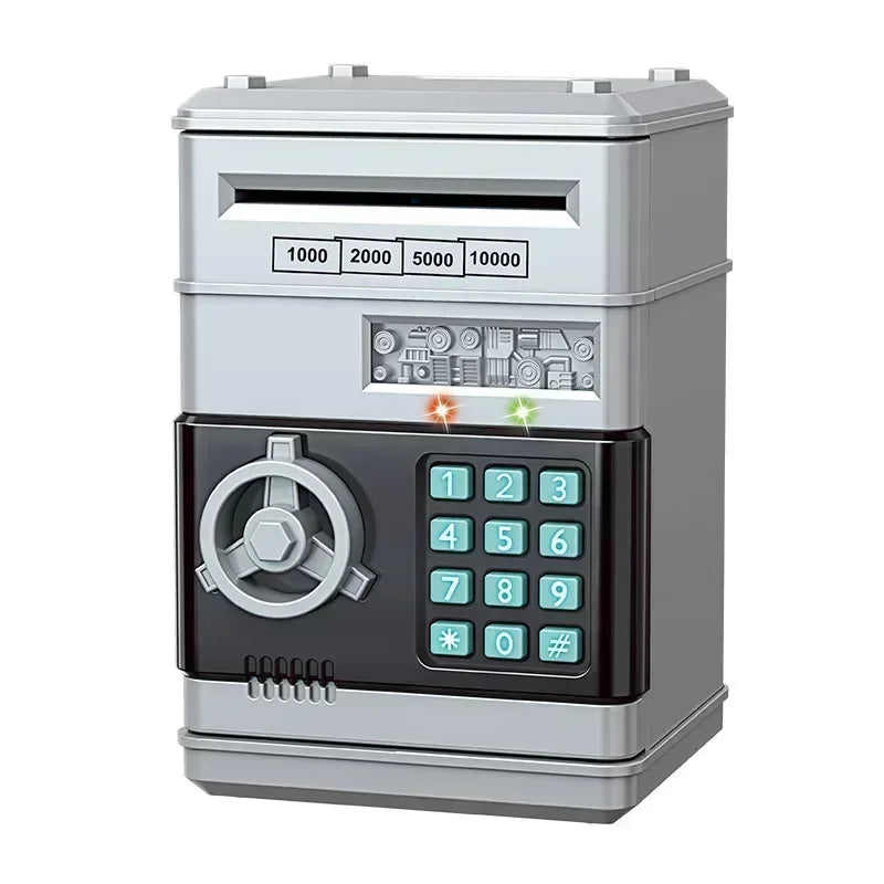 A silver automatic mini cash saving piggy bank with a digital display and numbered slots for currency.
