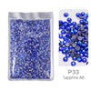Bag of P33 Sapphire AB glass rhinestones in various sizes and colors