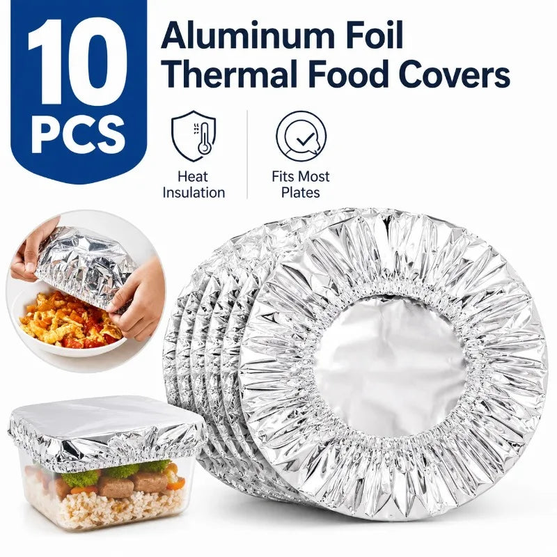 Ten pieces of aluminum foil thermal food covers designed for heat insulation and fitting plates.