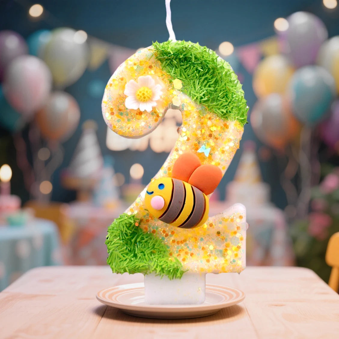 A large number 2 made of yellow candles decorated with green moss and white flowers, set against a blurred birthday backgroun
