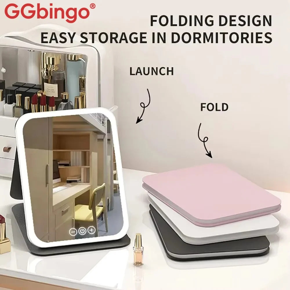 Folding design vanity mirror for easy storage in dormitories shown with a pink folding cover.