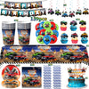 Monster truck birthday party decoration kit featuring a backdrop, tableware, and a cake.