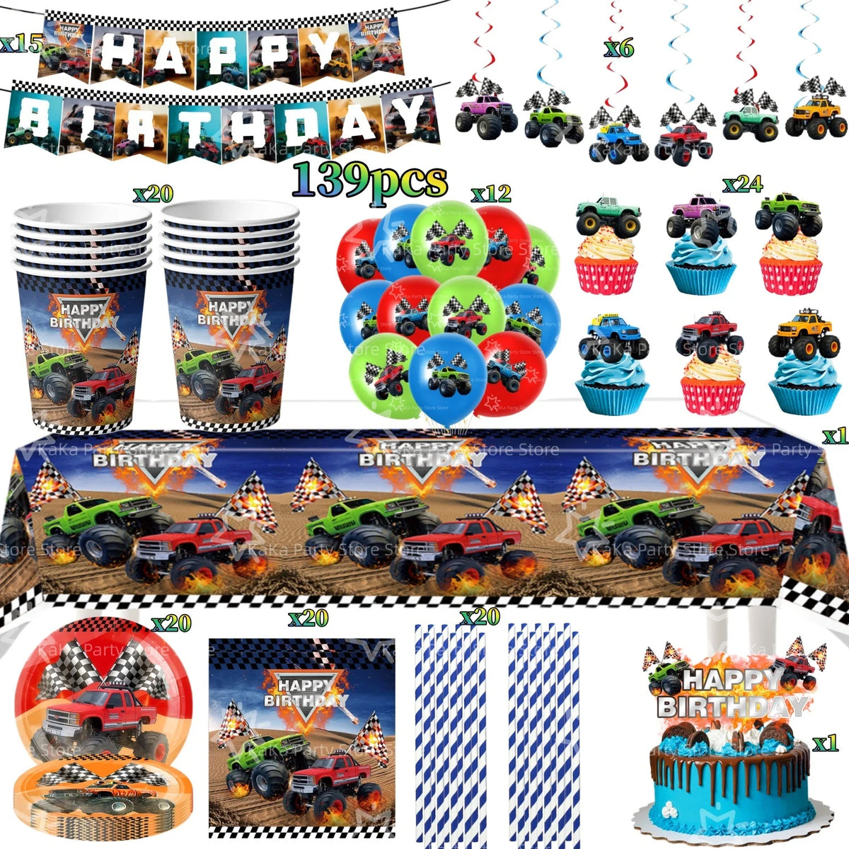 Monster truck birthday party decoration kit featuring a backdrop, tableware, and a cake.
