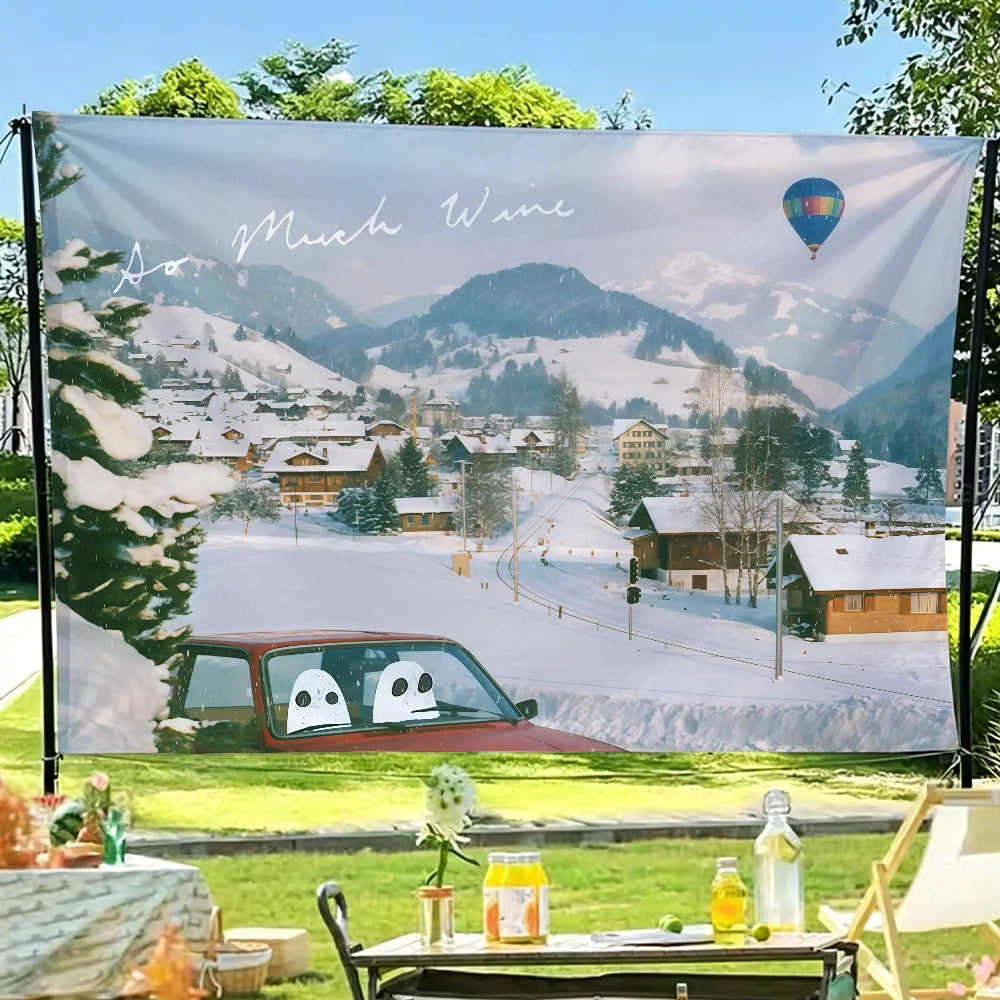 Phoebe Bridgers album art tapestry featuring a snowy landscape with a vintage car and mountains.