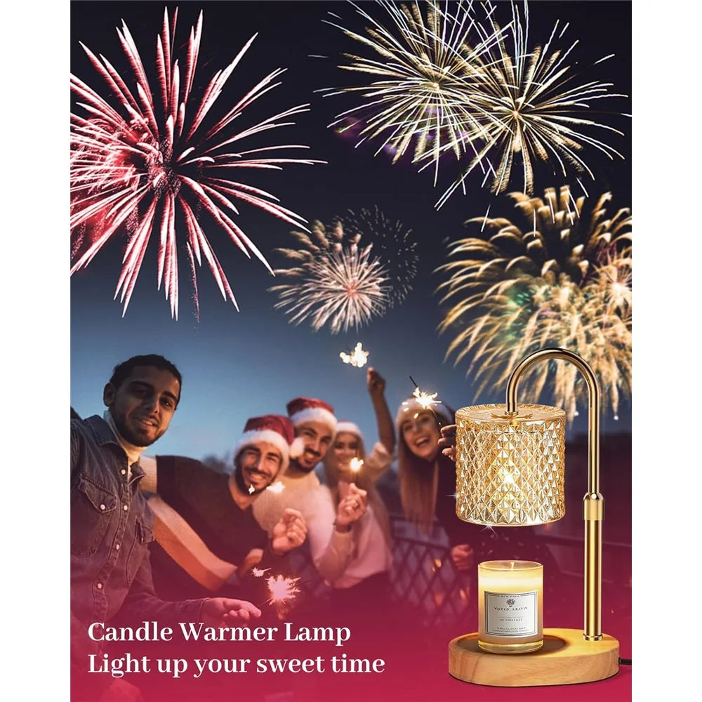 A golden candle warmer lamp with a glass jar sits on a wooden base, set against a background of fireworks.