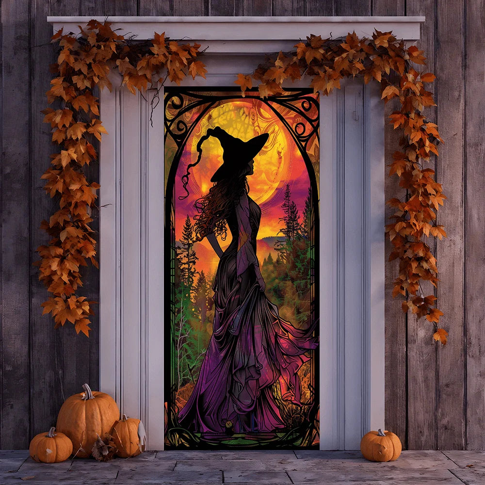 Elegant Purple & Orange Halloween Witch Banner for Indoor/Outdoor Decor