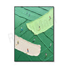 Abstract canvas art depicting a green golf scene with figures on a textured surface.
