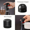 A black rotary latch wine stopper is shown being used to seal a bottle, with another version displayed separately.