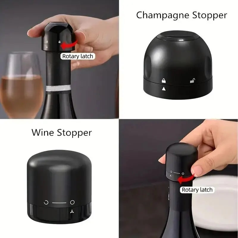 A black rotary latch wine stopper is shown being used to seal a bottle, with another version displayed separately.