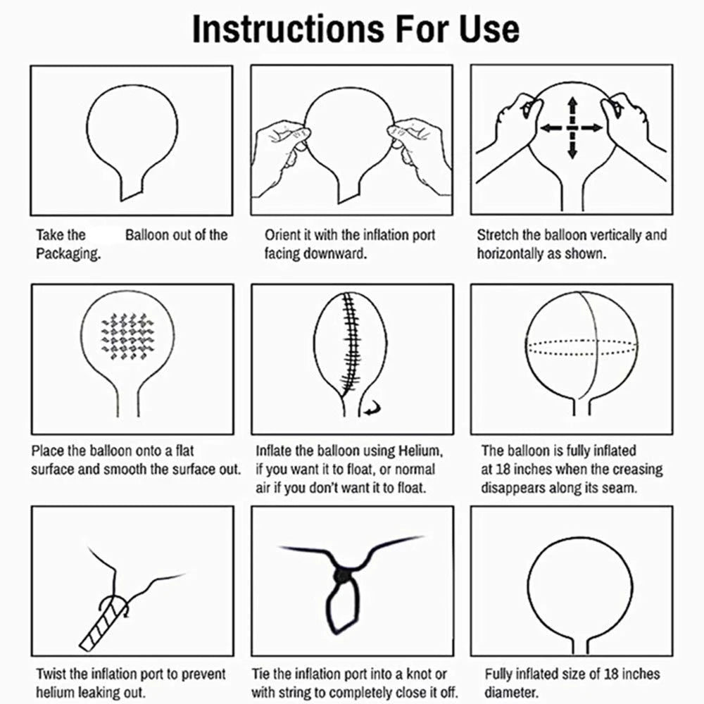 Instructions for using a balloon, showing steps like orienting, inflating with helium, and tying the port.