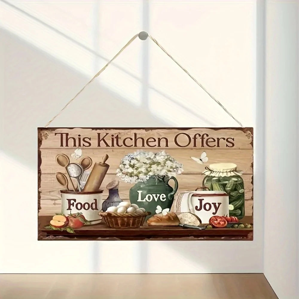 Letrero de madera rústica en la pared de la cocina con alimentos y las palabras Love Food Joy