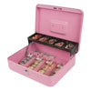 A pink metal cash storage box with a lid open, displaying various currency notes inside.