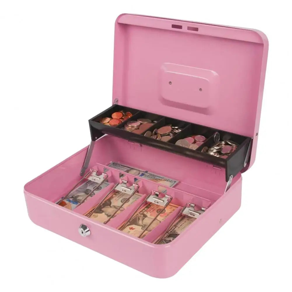 A pink metal cash storage box with a lid open, displaying various currency notes inside.
