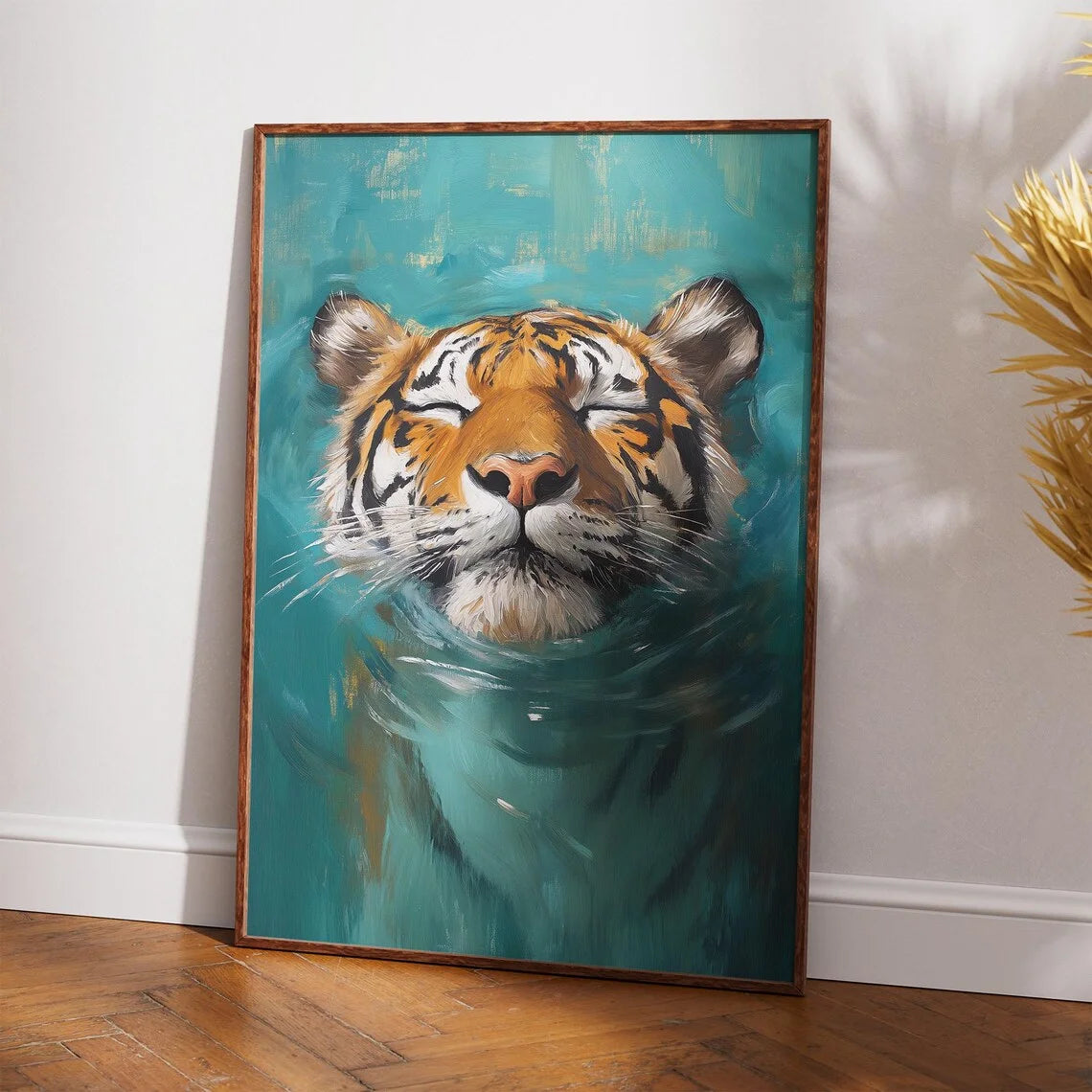 A painting of a tiger's face submerged in teal water, framed in wood.