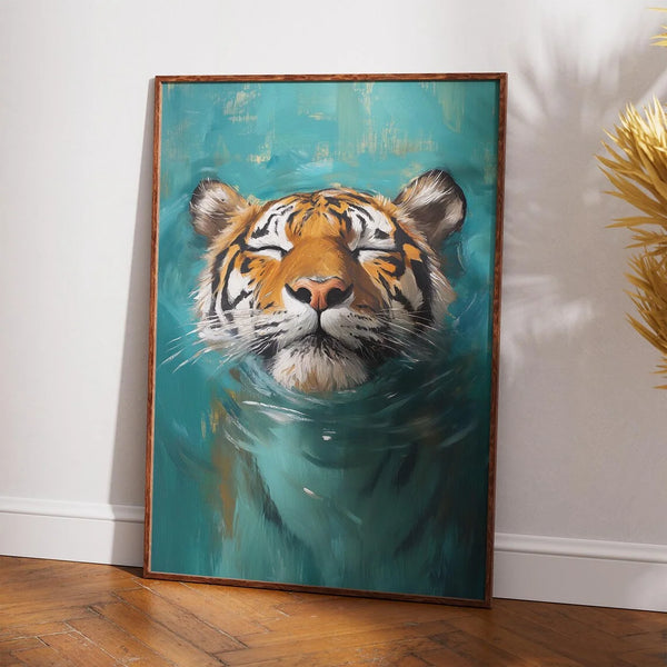 A painting of a tiger's face submerged in teal water, framed in wood.