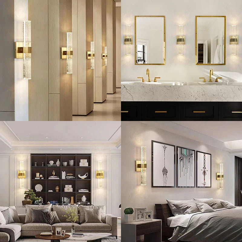 Modern bubble crystal LED wall sconces illuminating a luxurious bathroom vanity area.