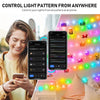 A woman controls colorful RGBIC LED fairy string lights from a smartphone, illuminating a background.