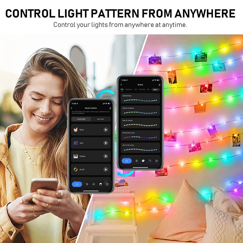 A woman controls colorful RGBIC LED fairy string lights from a smartphone, illuminating a background.