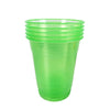 A clear plastic cup with a bright neon green tint and ribbed texture.