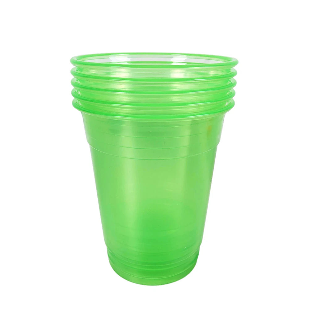 A clear plastic cup with a bright neon green tint and ribbed texture.