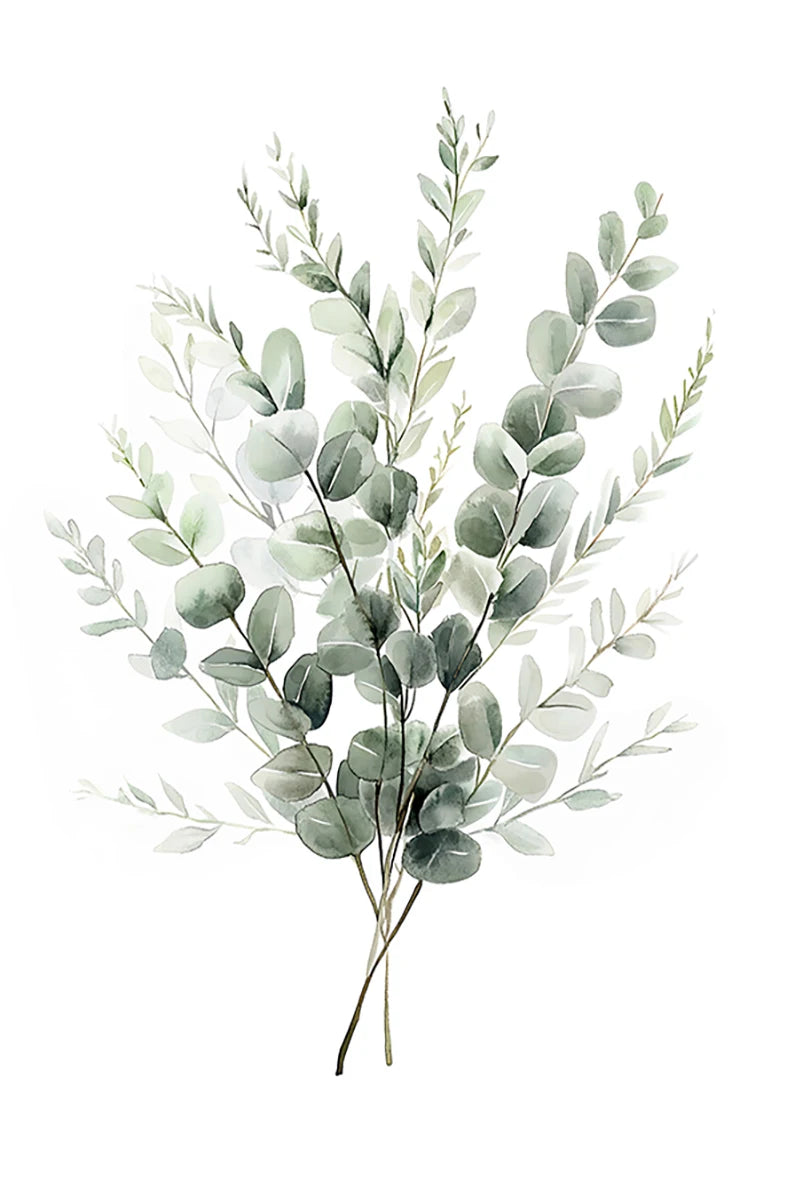 Watercolor illustration of various sage green botanical leaves and sprigs.
