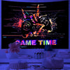 A vibrant tapestry featuring a glowing, stylized video game controller design with neon colors against a dark background.
