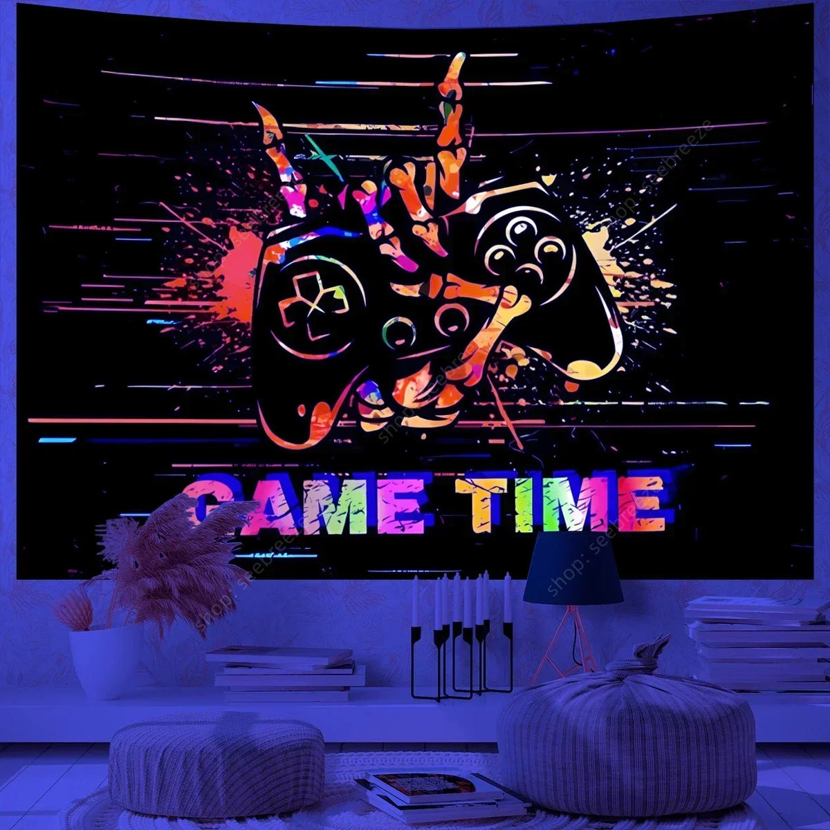 A vibrant tapestry featuring a glowing, stylized video game controller design with neon colors against a dark background.