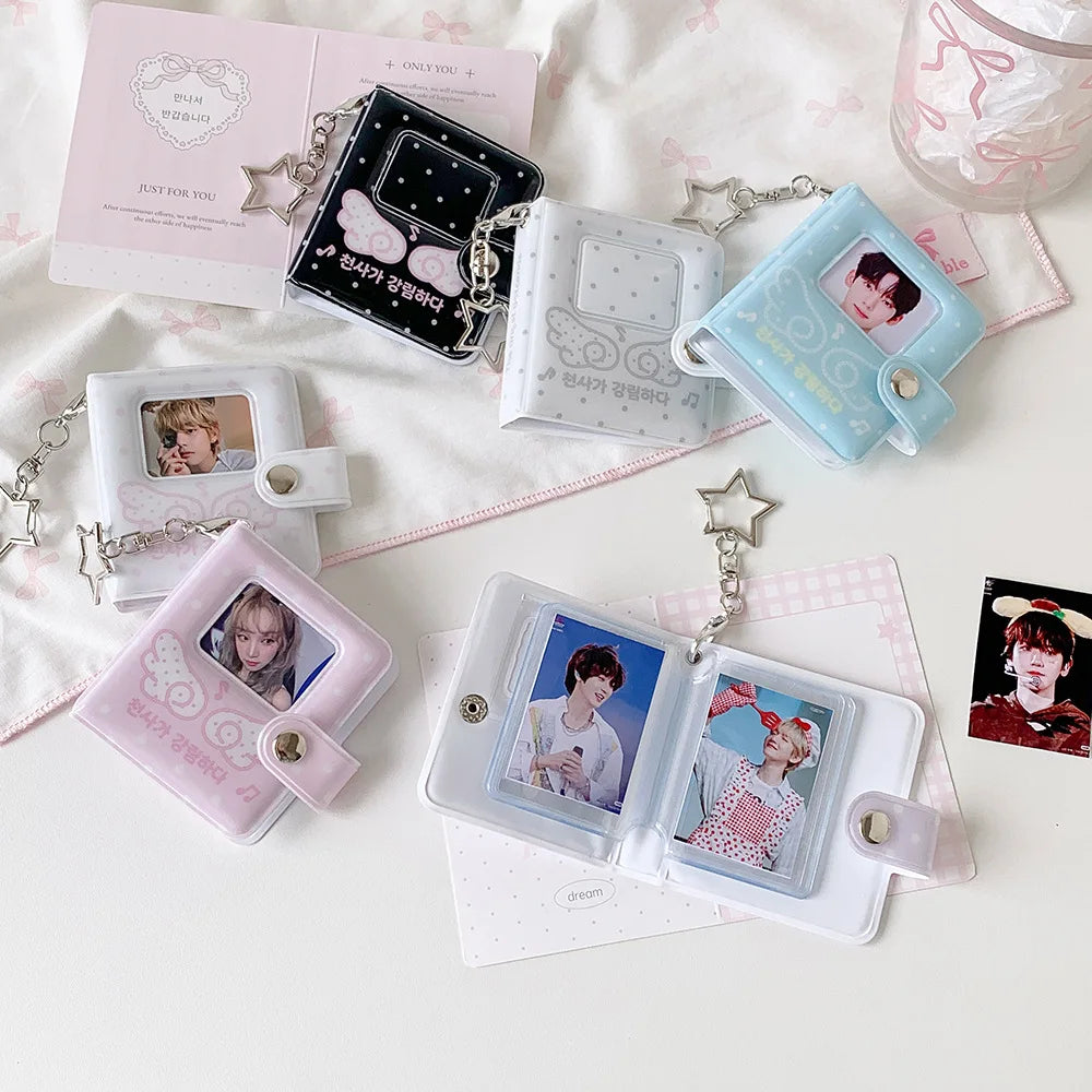 A collection of mini snap button photo albums and cards featuring K-Pop idols and personal photos.