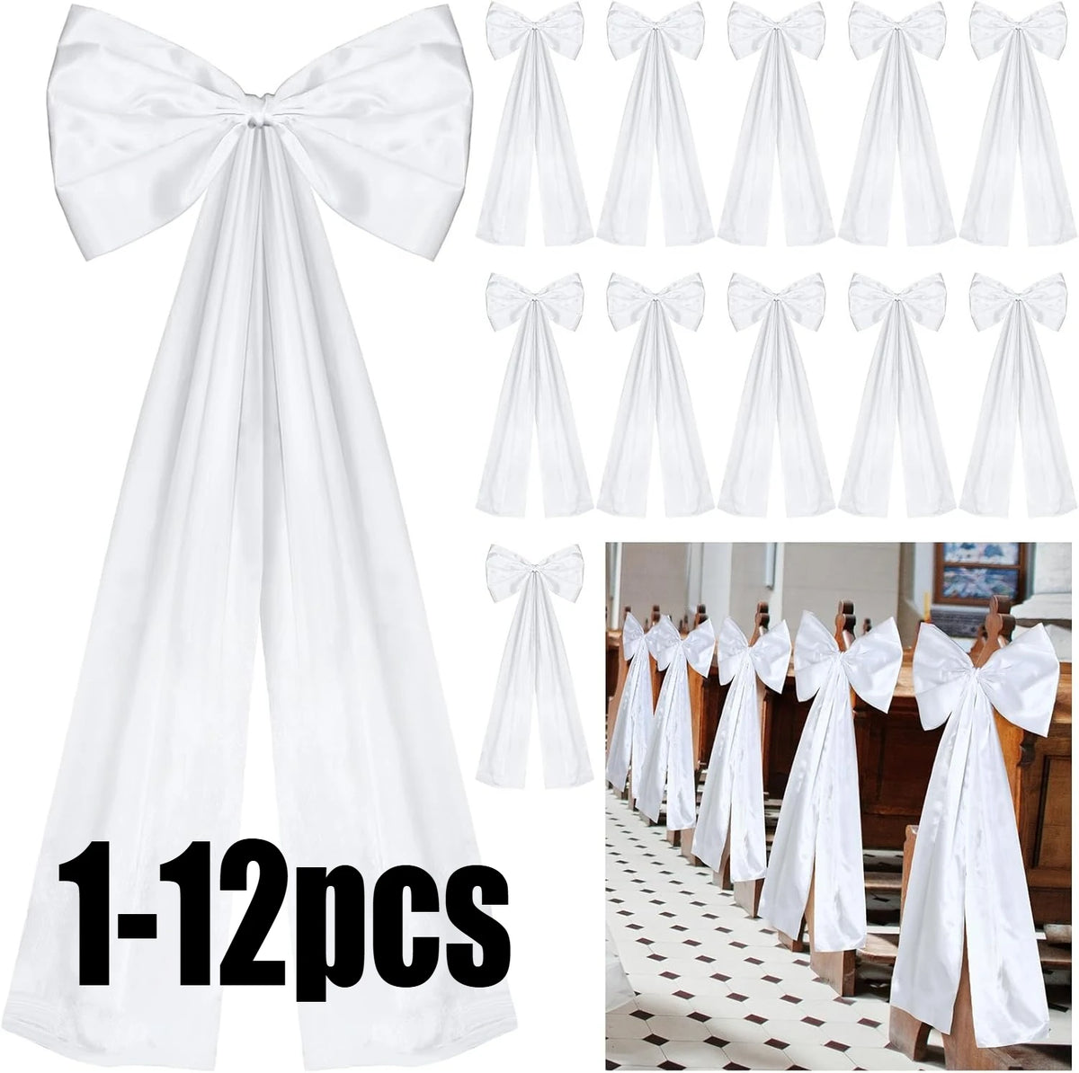 Un set de 1 à 12 nœuds de satin blancs pour showers de mariage, présentés dans divers styles et tailles.