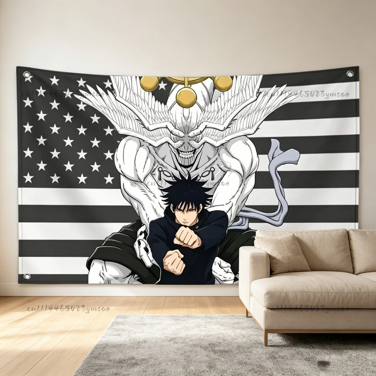 Tapiz blanco y negro con temática de Jujutsu Kaisen, mostrando un personaje rodeado de alas angelicales y una paloma.