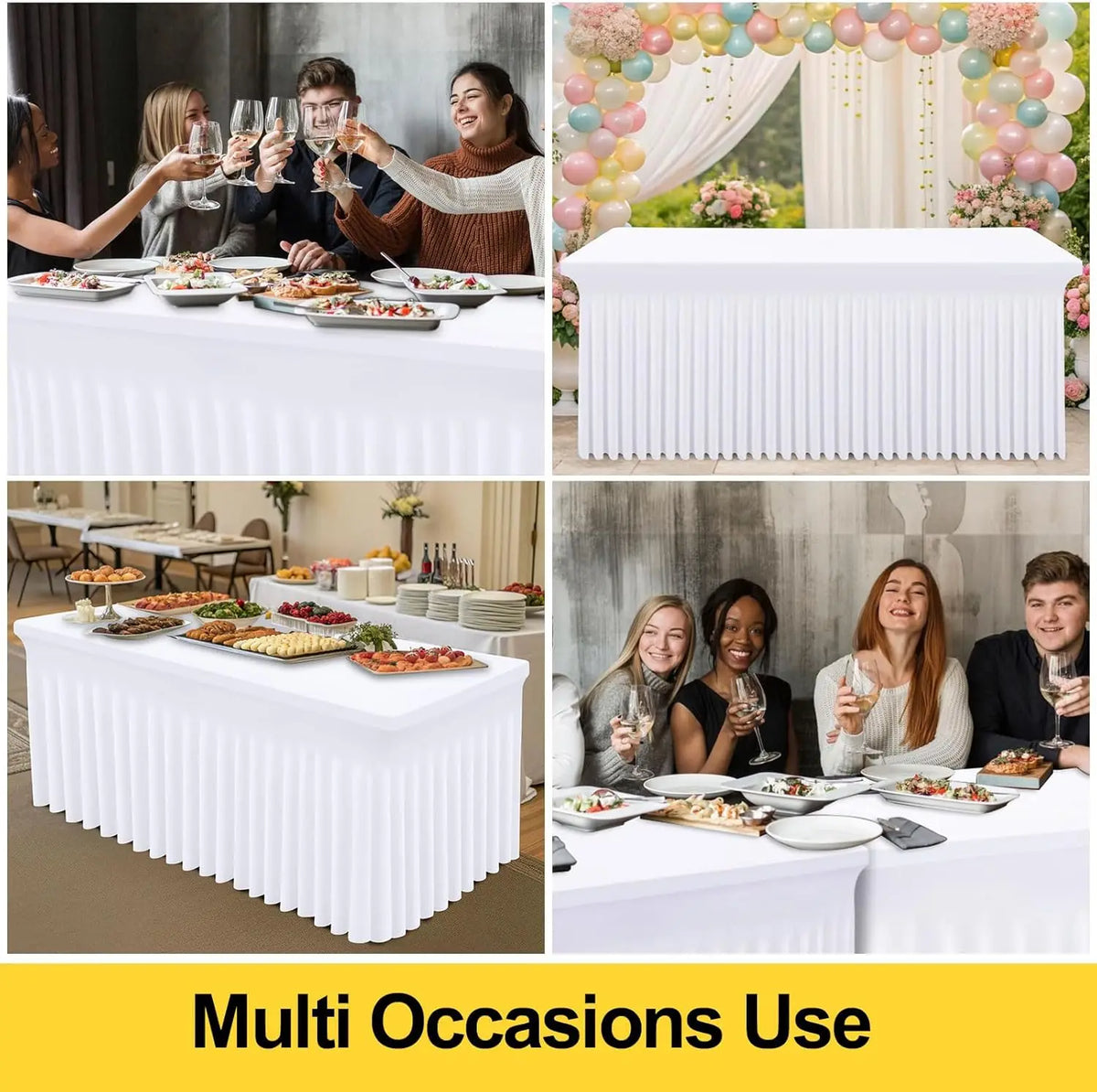 White elastic fitted spandex tablecloth used for rectangular tables at various events