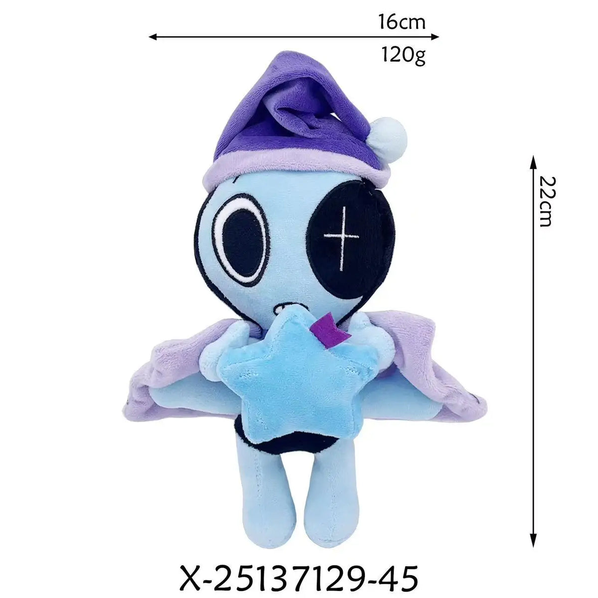 A purple and blue plush toy featuring a wizard hat and a star-shaped cape.