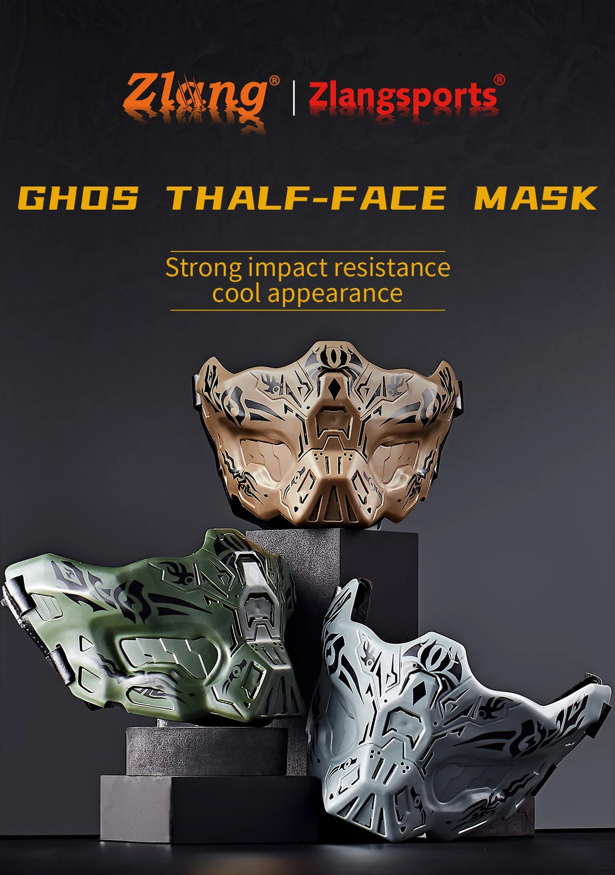 Three versions of a tactical silicone half-face mask in various colors displayed on a dark background.