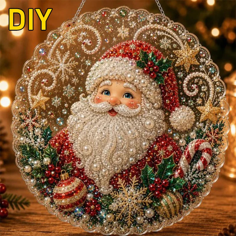 DIY Christmas pearl diamond painting suncatcher wreath with a beard and holly design
