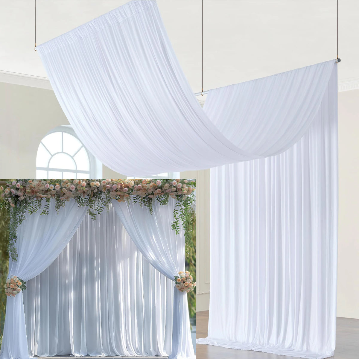 White and light blue draped fabric backdrop curtains for photography or parties