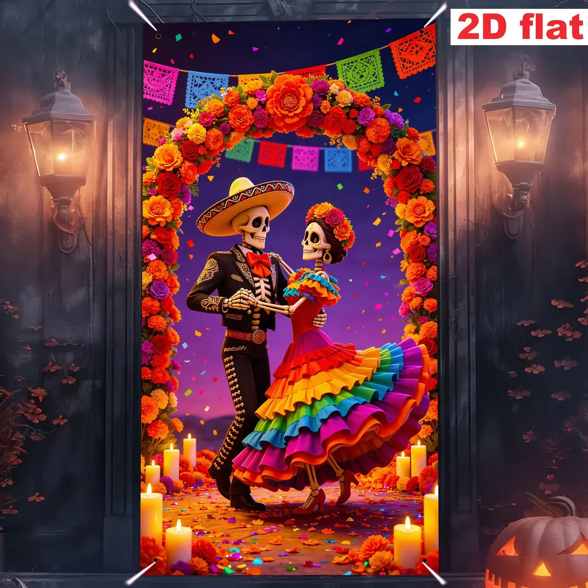 A vibrant scene featuring a woman in a colorful dress and a skeleton, framed by an arch of orange and red flowers.