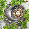 Vintage celestial sun and moon aluminum wall art featuring a detailed crescent moon and radiant sun surrounded by foliage