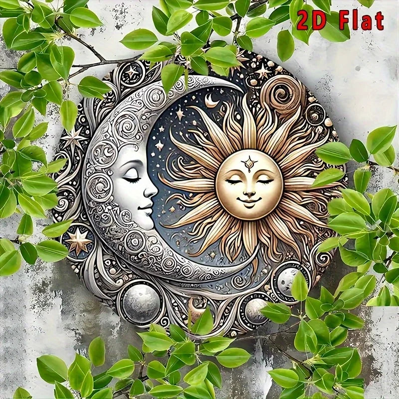 Vintage celestial sun and moon aluminum wall art featuring a detailed crescent moon and radiant sun surrounded by foliage