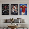 A set of three modern wall art prints featuring Cristiano Ronaldo in various football poses and colors.