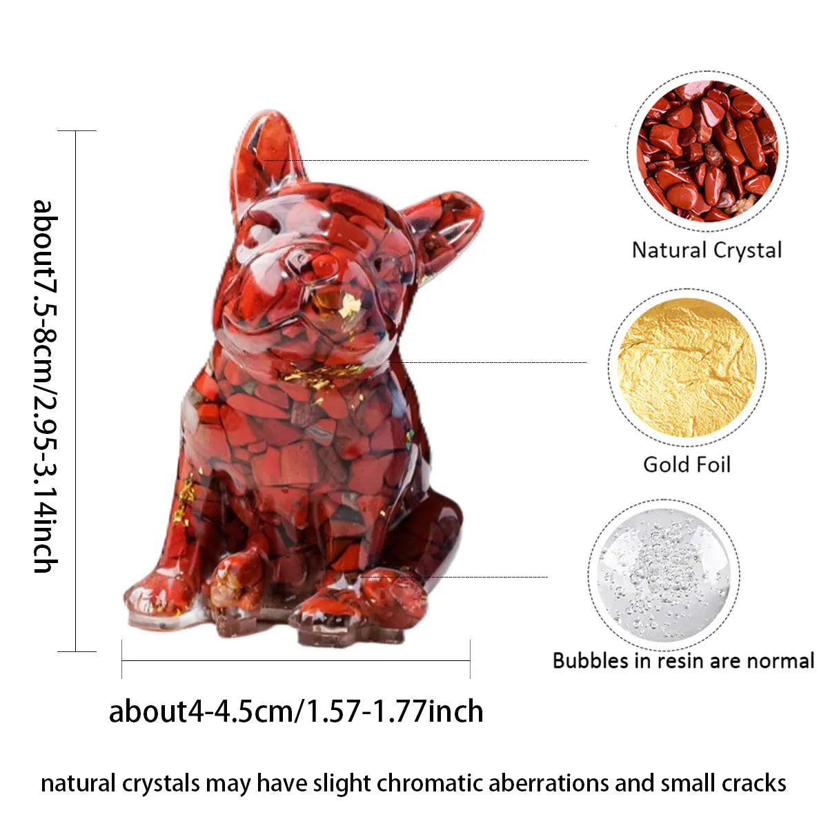 A glossy red crystal dog statue with gold foil accents, showing bubbles in the resin and small cracks.