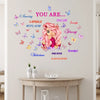 A floral and butterfly quote wall decal featuring positive affirmations like Amazing Capable Chosen Strong Beautiful Victorio