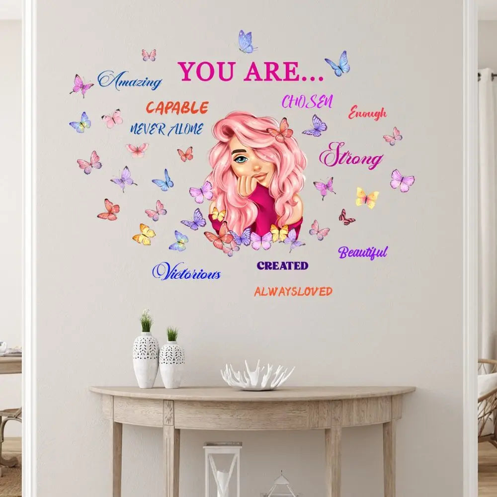 A floral and butterfly quote wall decal featuring positive affirmations like Amazing Capable Chosen Strong Beautiful Victorio