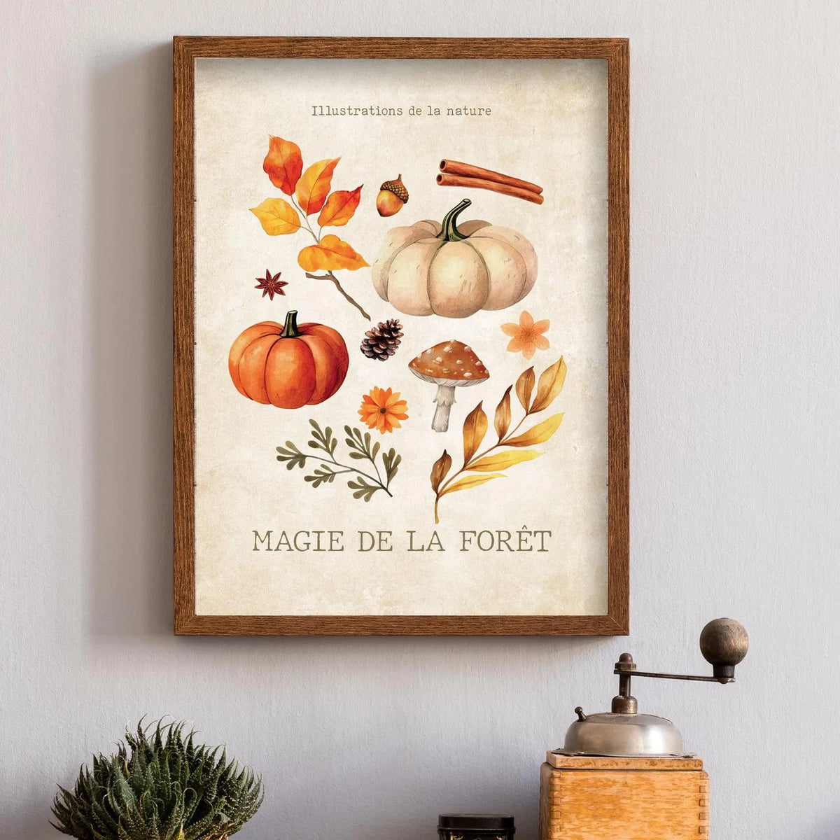 Wall art poster illustration of autumn nature elements including pumpkins, spices, and forest elements.