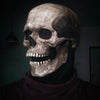 A realistic latex skull cosplay mask displayed against a dark background.