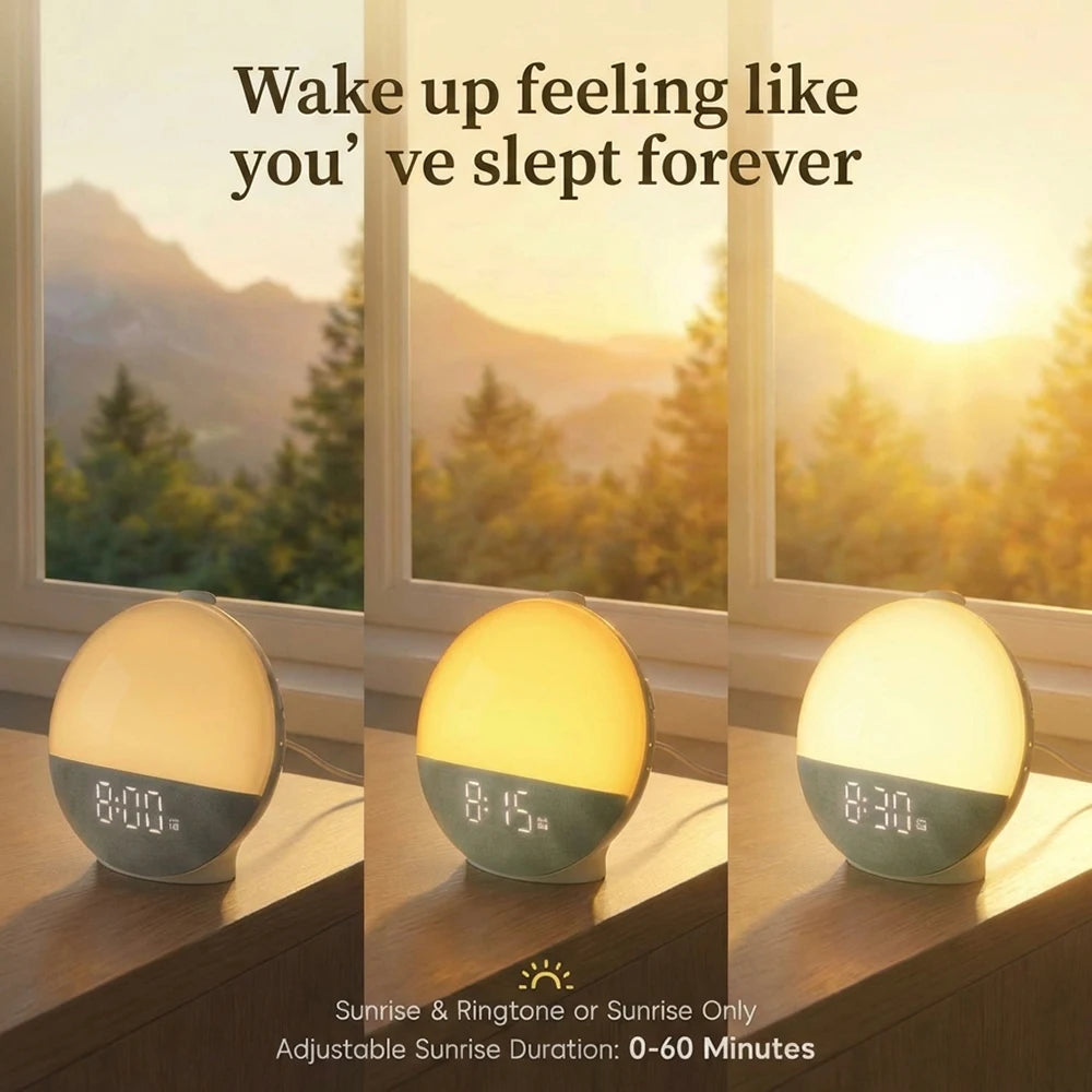 A sunrise alarm clock with a glowing night light is shown on a wooden surface next to a window view.
