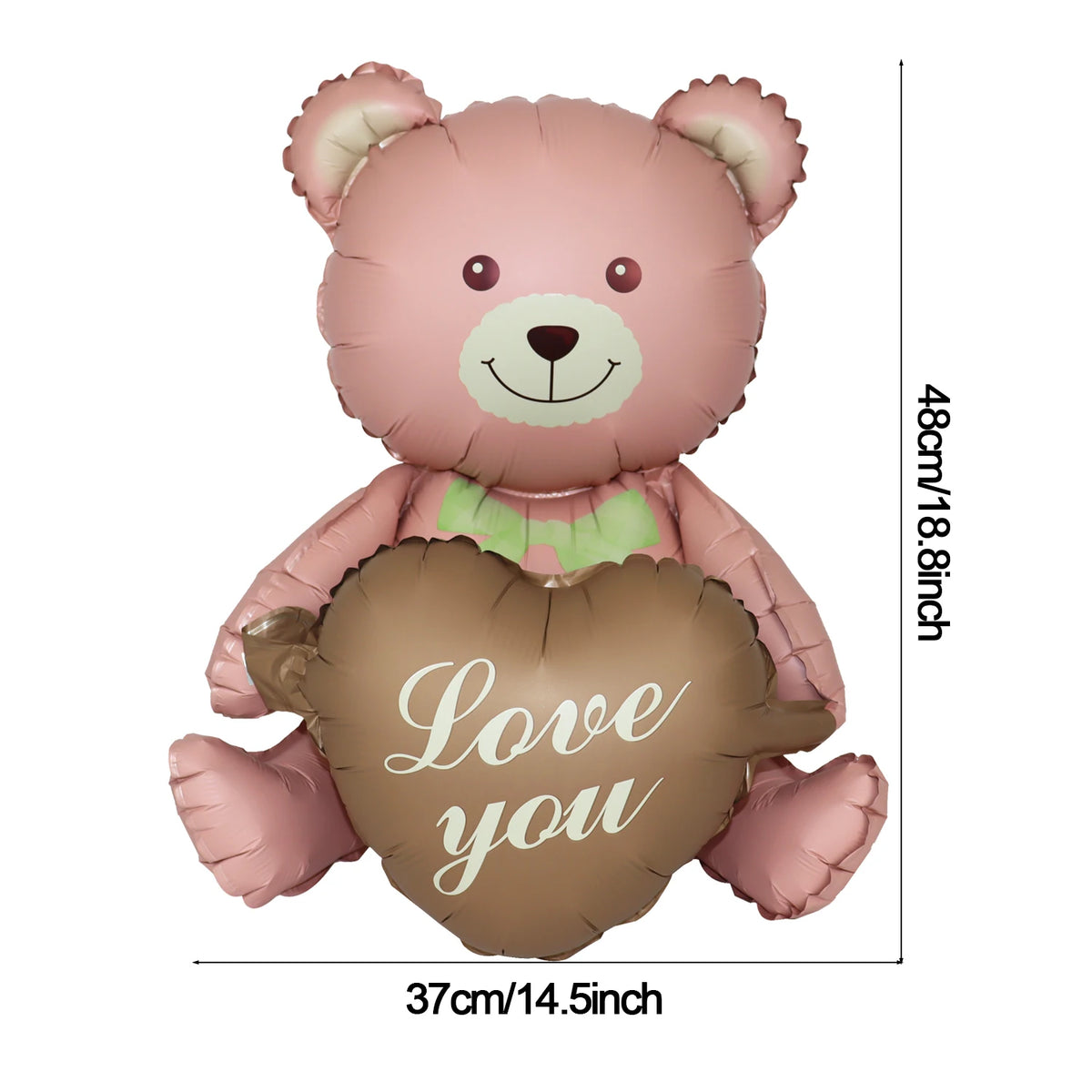 A pink bear foil balloon shaped like a heart with the words Love you on it