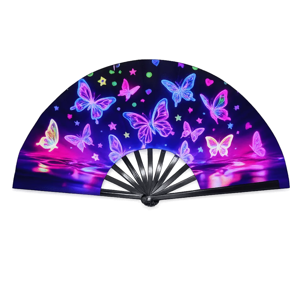 A folding rave hand fan with iridescent purple and blue fluorescent UV glow featuring butterfly and star patterns.